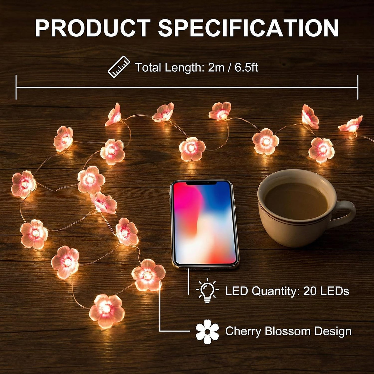 2M 20 LED Pink Cherry Blossom Fairy Lights, Battery Operated Flower String Lights for Bedroom Decor, Indoor Spring and Christmas Decorations, Girls Room Gift (Flowers)