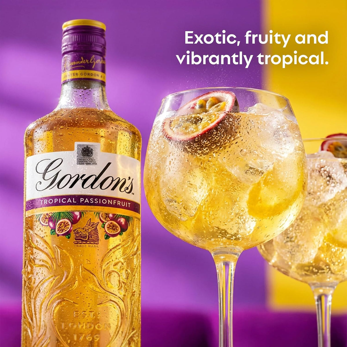 Gordon's Tropical Passionfruit Distilled Gin | 37.5% vol | 70cl | Tropical Passionfruit Flavours with Juniper Notes & Gin Botanicals | Enjoy in a Glass with Tonic