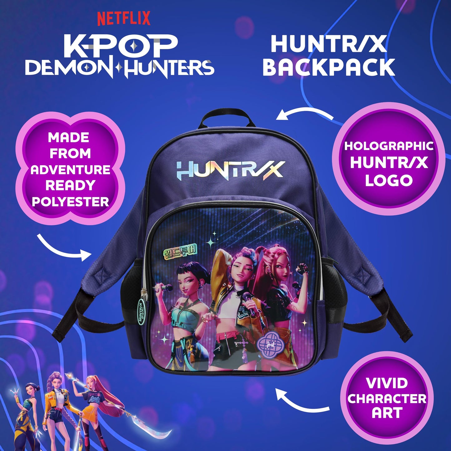 Blue Sky Studios KPop Demon Hunters HUNTR/X Backpack - Official Merchandise - Lightweight Kids School Bag with Padded Straps, Front Pocket & Silver Holographic Details - 36cm K-Pop Purple Rucksack