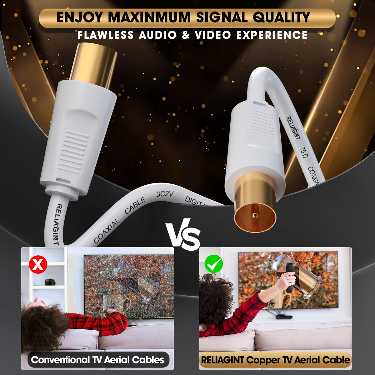 TV Aerial Cable 1m, 75 Ohm Coaxial Lead, IEC 9.5mm Male to Male 3C2V Pure Copper Dual Shielded, Right-Angle Connector, Female to Female Adaptor Included, Black