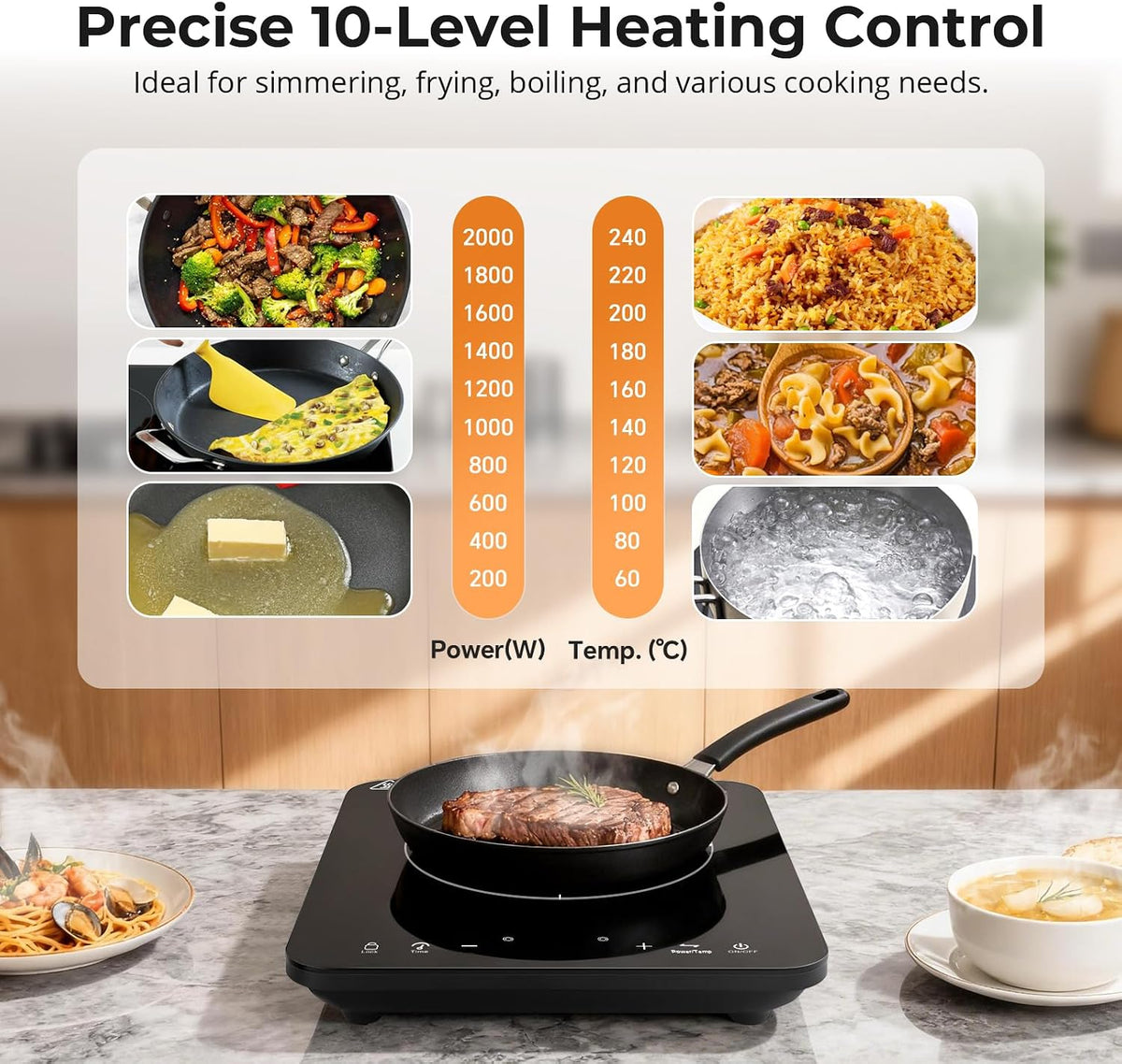 Single Induction Hob 2000W, Portable Induction Cooker with 10 Power & Temperature Levels, Touch Control, Child Lock, 3-Hour Timer, Residual Heat Indicator, Black Glass Panel Electric Hob