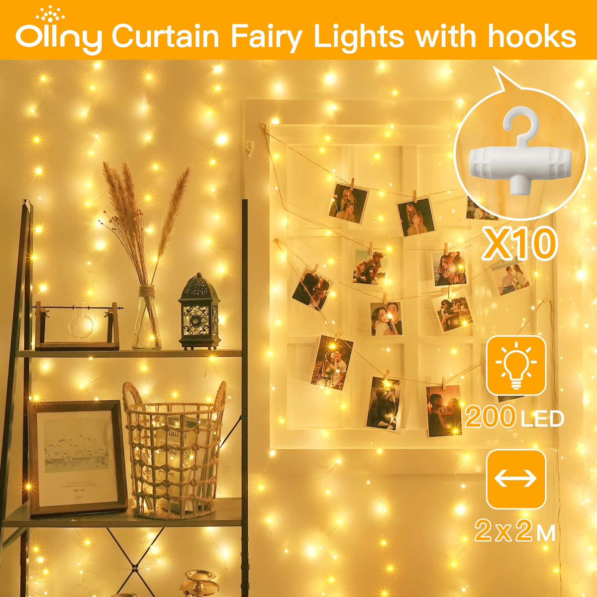 Ollny Curtain Fairy Lights, 200 LEDs 2mx2m Window String Lights Multicolour