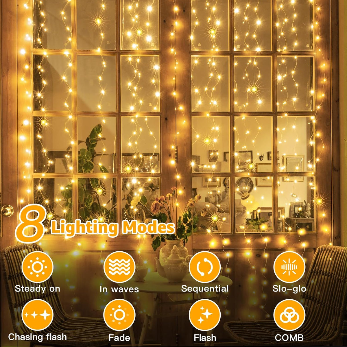 Ollny Curtain Fairy Lights, 300LED 3mx3m Waterfall Hanging String Lights