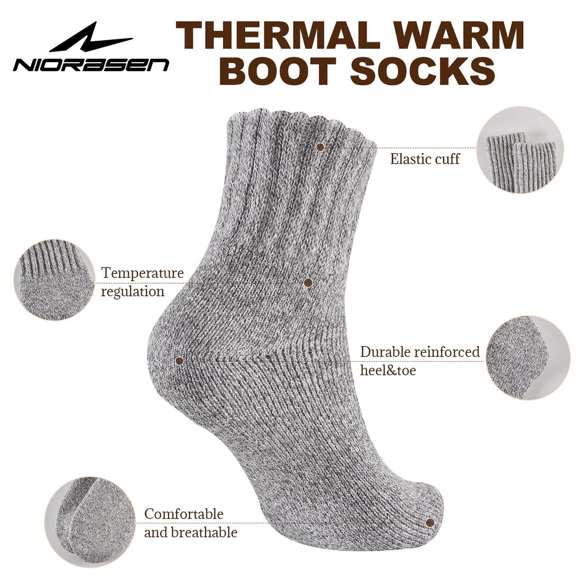 Niorasen Women's Thermal Socks, 3 Pairs Full Cushioned, Cosy Gift Winter