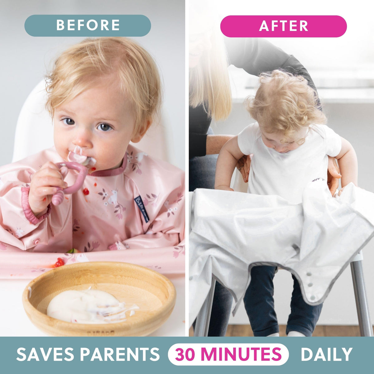 BIBaDO Long Sleeve Baby Bibs - Coverall Weaning Bib with Highchair Strap