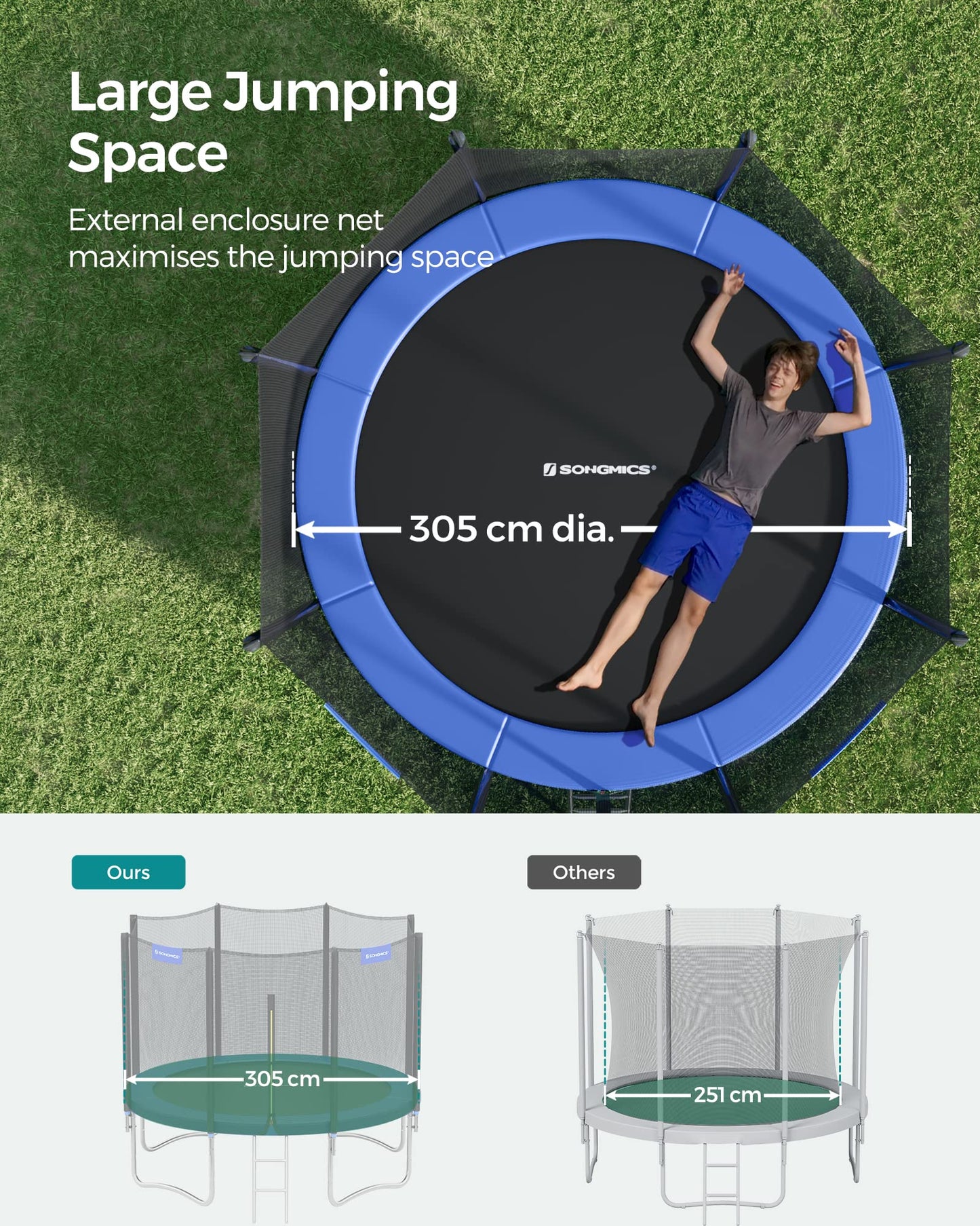 SONGMICS 10ft Children's Outdoor Trampoline with Safety Net & Ladder — Max 100 kg | 2-Year Warranty