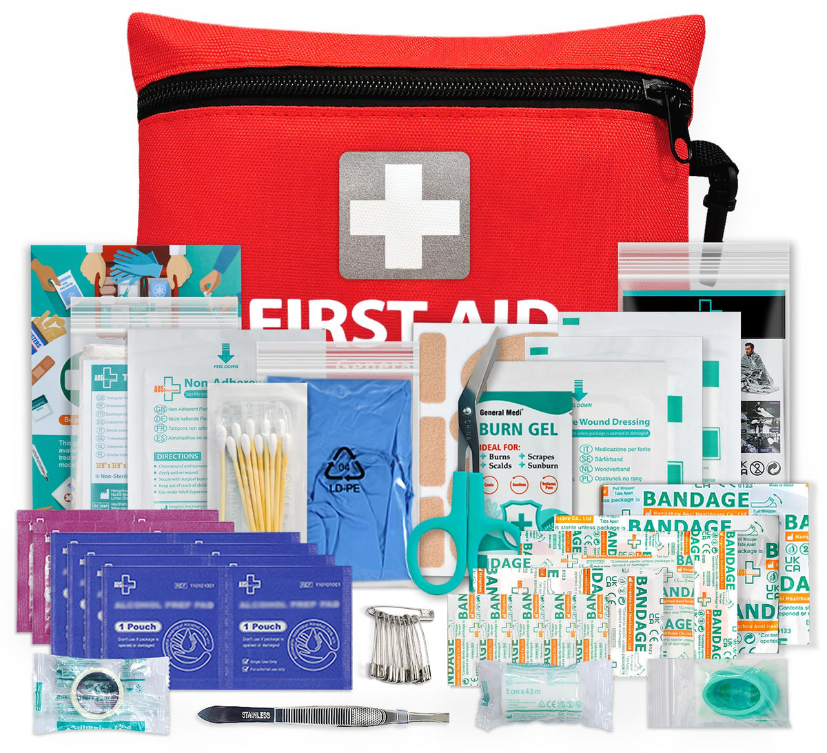 General Medi Mini First Aid Kit, 92 Pieces Small First Aid Kit - Includes Emergency Foil Blanket, Scissors for Travel, Home, Office, Vehicle, Camping, Workplace & Outdoor (Red)
