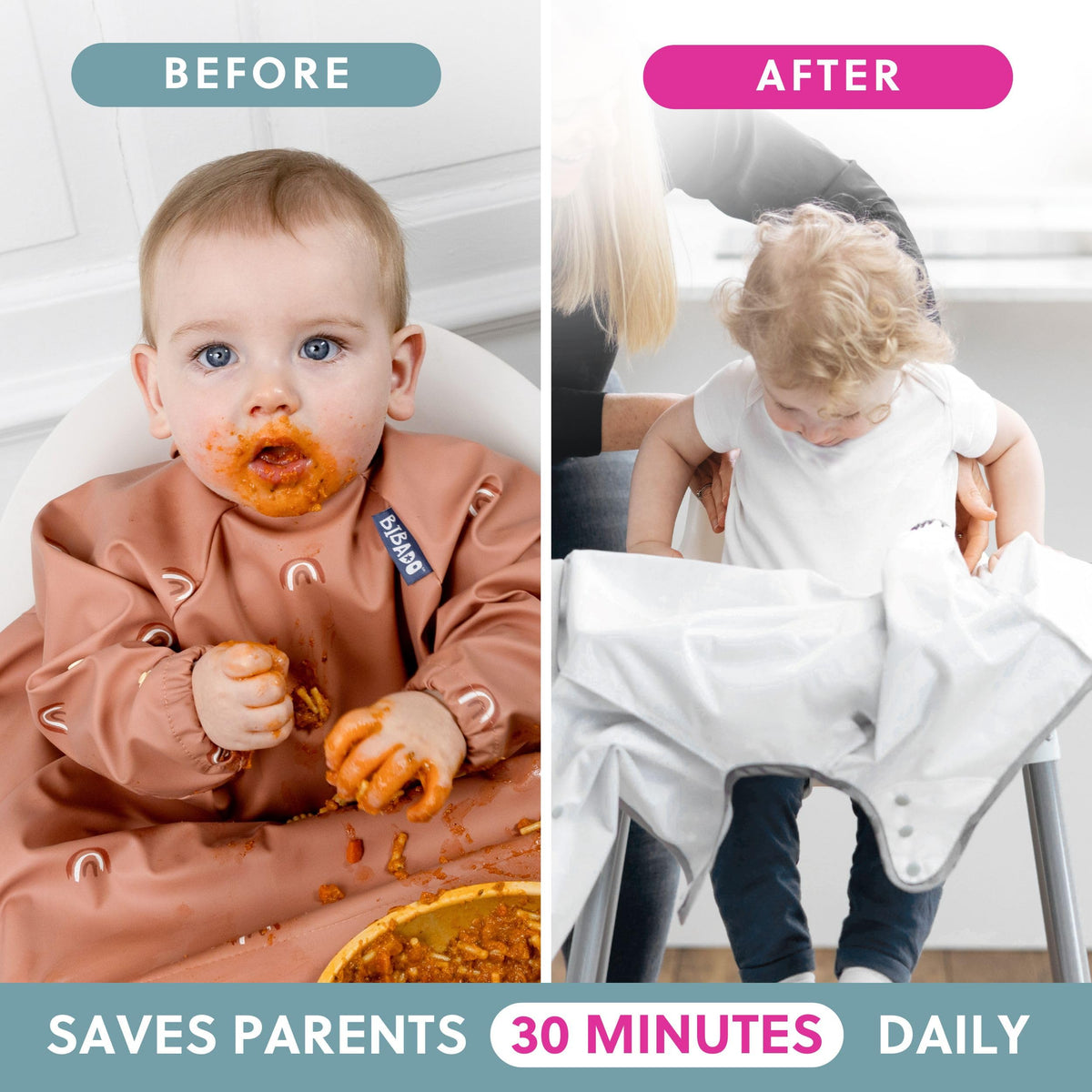 BIBaDO Long Sleeve Baby Bibs - Coverall Weaning Bib with Highchair Strap