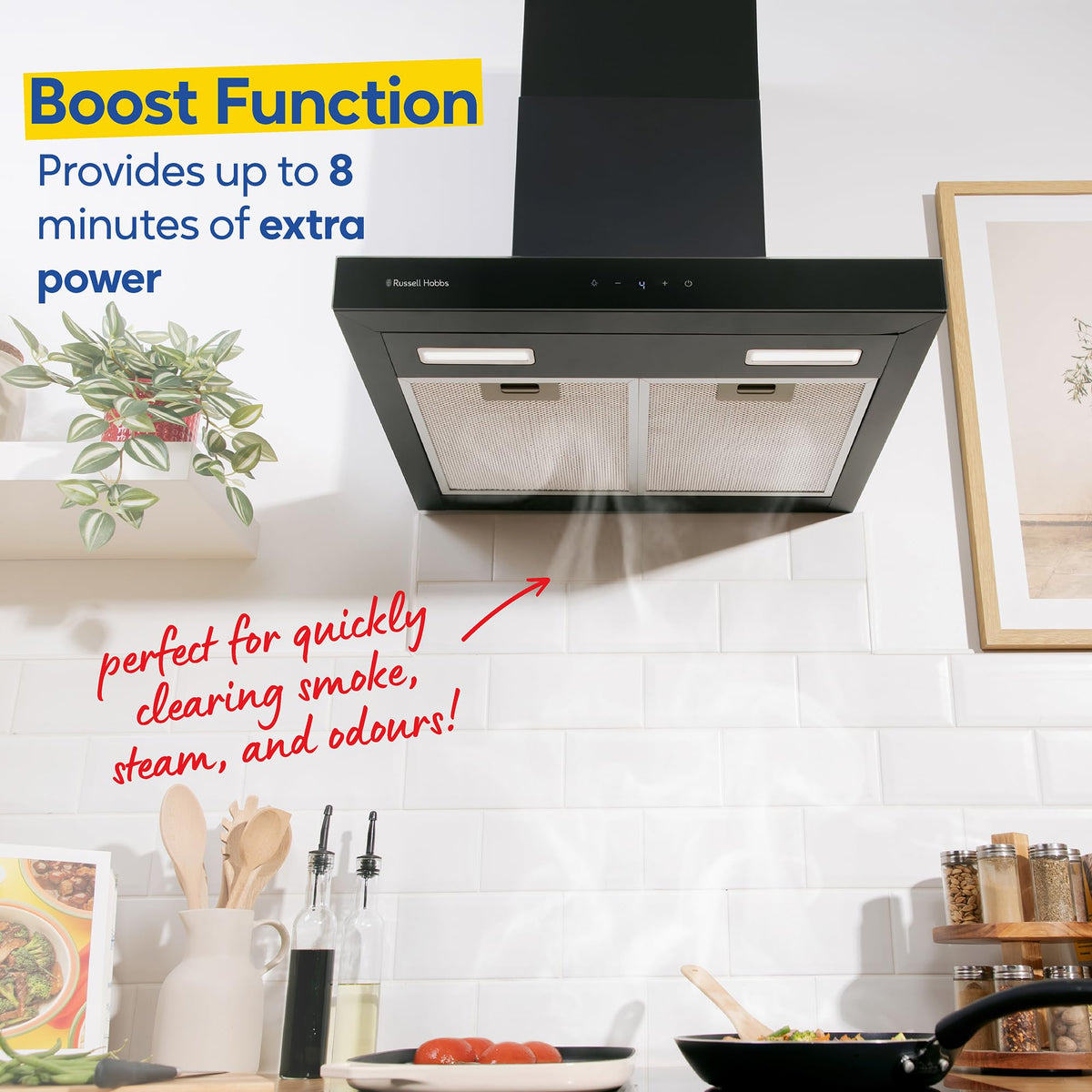 Russell Hobbs 90cm T-Shaped Cooker Hood in Stainless Steel with 3 Speed Settings, 3x Washable Aluminium Filters, Extraction or Recirculation, Boost Function, LED Lights A++ Energy Rating, RHGCH903SS