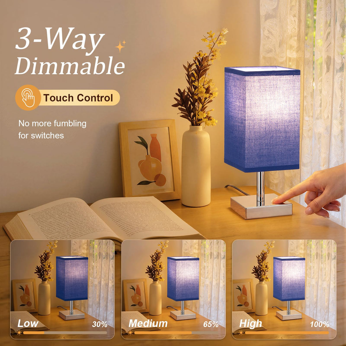 White Table Lamp for Bedroom, Small Bed Lamp with for Bedroom, Silver Base(Bulb Included)