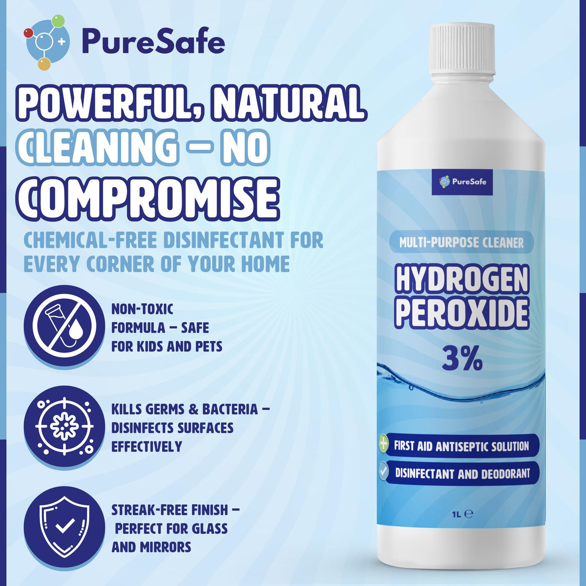 Pure Safe Hydrogen Peroxide 3% Solution 500ml – Multi-Purpose Household Cleaner, Surface Disinfectant, Mould and Mildew Remover, Stain Fighter, Grout Whitener, Kitchen and Bathroom Sanitiser