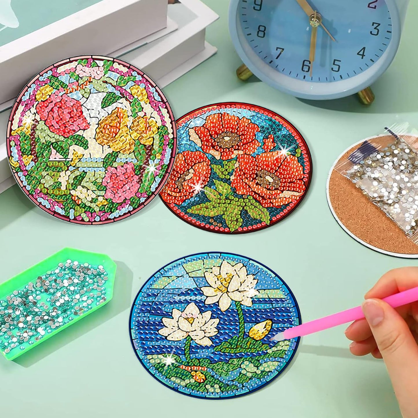 8 Pcs Flowers Diamond Art Coasters Kits for Adults Begainners,Full Drill Diamond Painting Coasters Kit with Holder,DIY Gem Painting Craft Kits for Adults Supplies Gift (Flowers).
