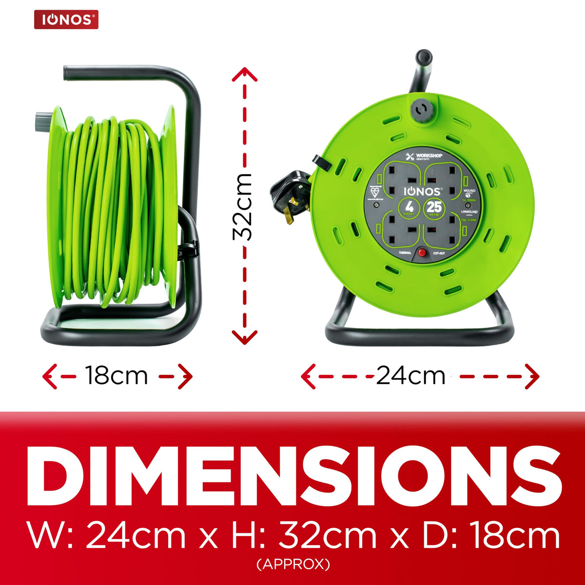 IONOS 2 Socket Cable Reel, 10m Outdoor Garden Extension Lead, DIY