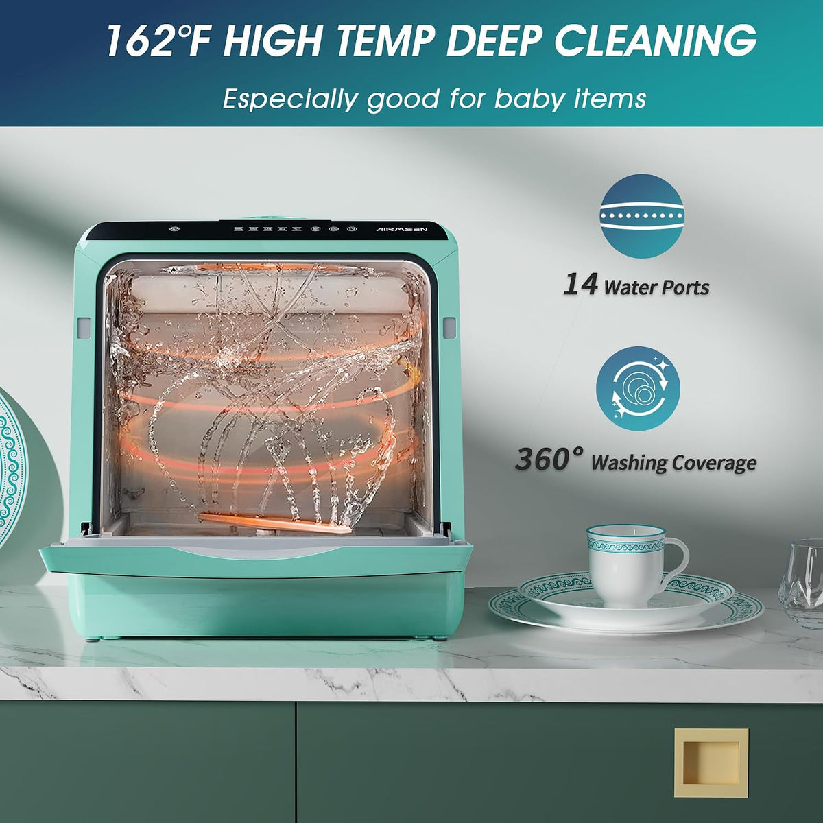 AIRMSEN Mini Table Top Dishwasher - Upgraded 6 Programs, Green