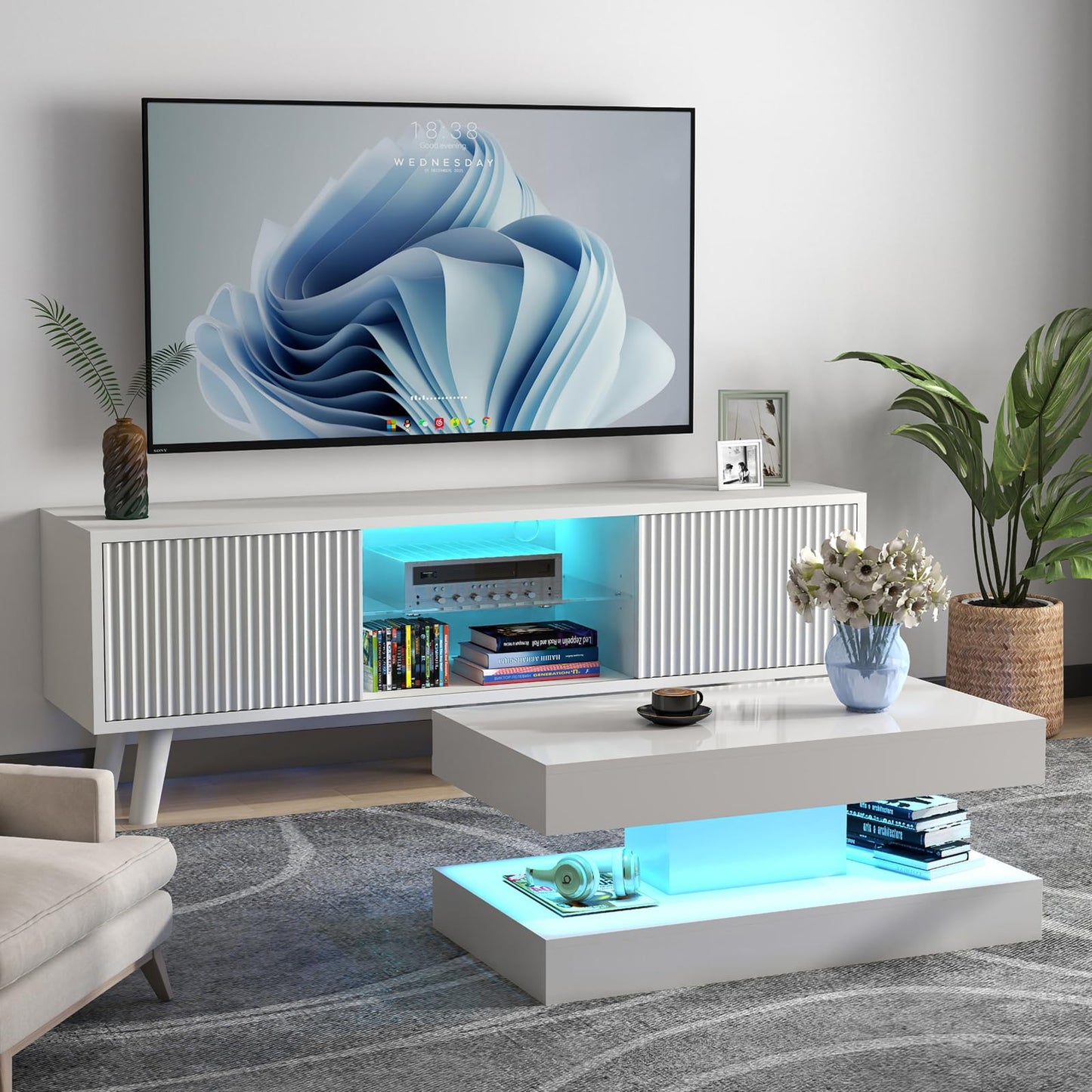 COSVALVE White Marble Coffee Table for Living Room with 24 Colors LED Light, 2 Tier High Gloss Modern Centre Table Rectangle Tea Table for Home, Office Furniture