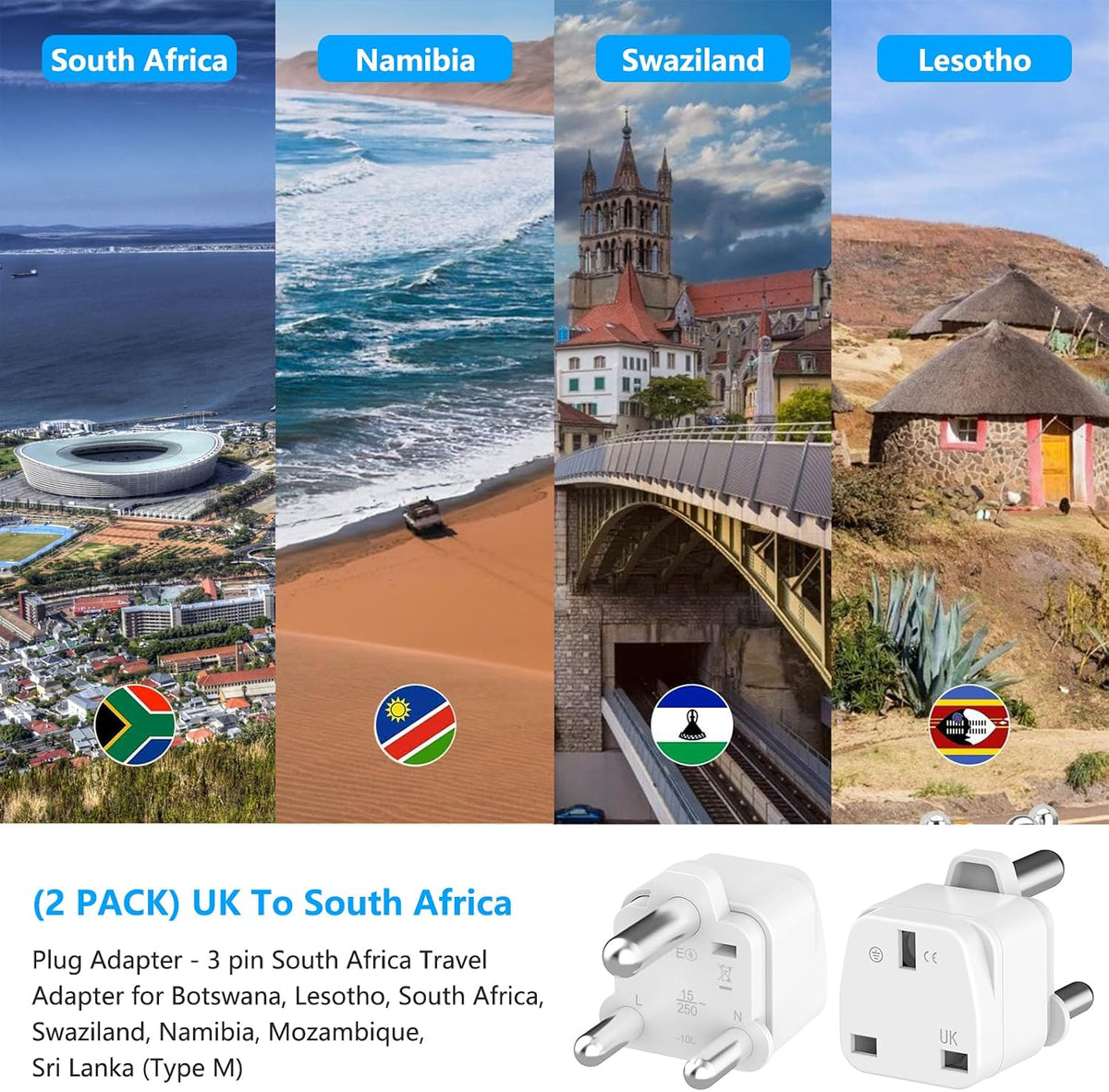 Loydia UK to South Africa Plug Adapter, 2 Pack UK to South Africa Travel Adapter Converter Plug, 3 Pin South Africa Travel Adaptors for Botswana, Lesotho, Swaziland, Namibia, Sri Lanka (White, Type M)