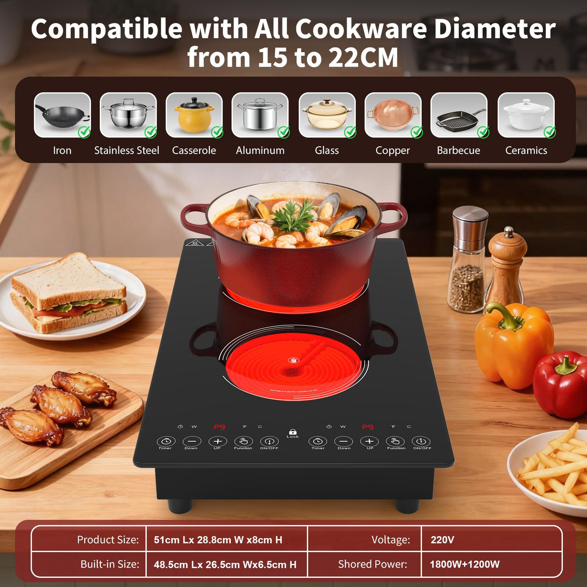GIHETKUT single electric hob,220V 2000W Electric Hob with LED Touch Control,10 Power Levels, 4H Timer, Safety Lock,portable single burner hob Overheat protection