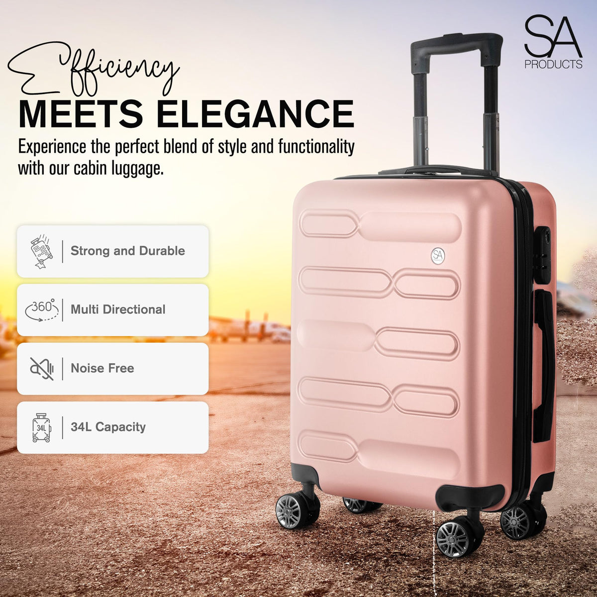 SA Products Cabin Suitcase - 34L Carry On Hard Shell Bag - 55x40x20 - Grey