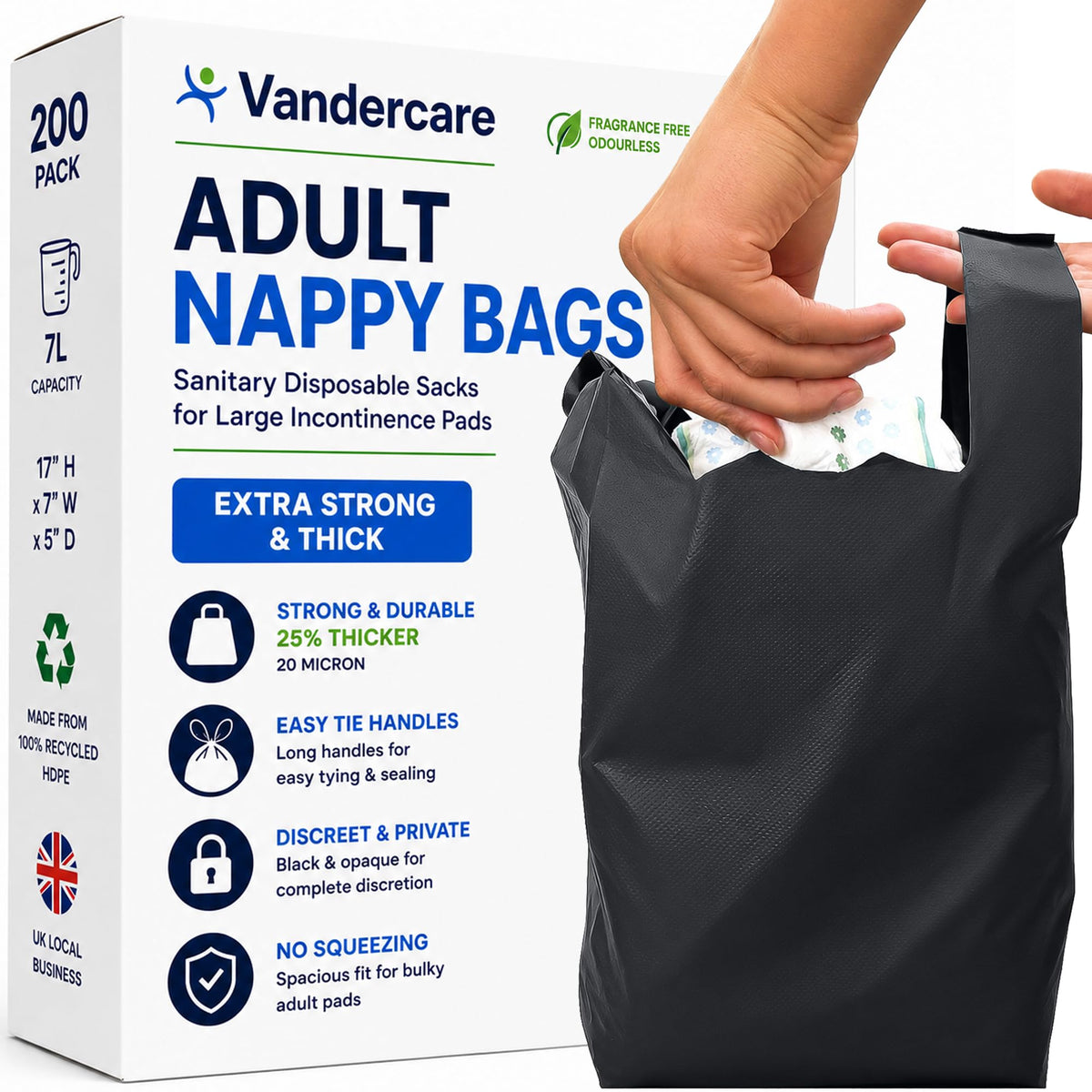 Adult Nappy Bags | 100 Pack | Sanitary Disposable Sacks for Large Incontinence Pads | 25% Thicker | Easy Tie Handles | Bag Extra Strong Thick | Fragrance Free Odourless Discrete