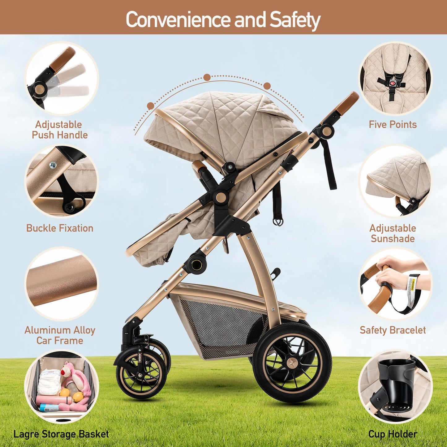 Zkipm Baby Pram 3 in 1, Foldable Baby Stroller,Pram Set Travel with Adjustable-Height Push Handle, Present Rain Cover, Mosquito Net, Bag, Cooling Mat, ect for Ages 0–3