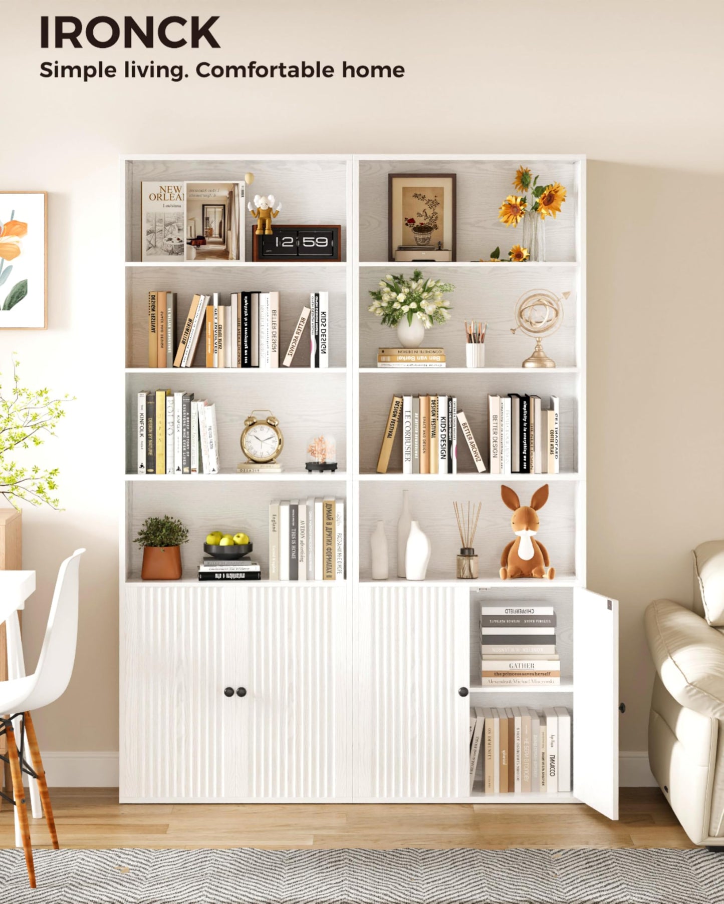 IRONCK Bookcase, Bookshelf with Doors, 6 Tier Tall Book Shelf, Shelving Unit, 60x23.5x180cm Free Standing Display Shelf for Living Room, Home Office, Dinning Room (white)