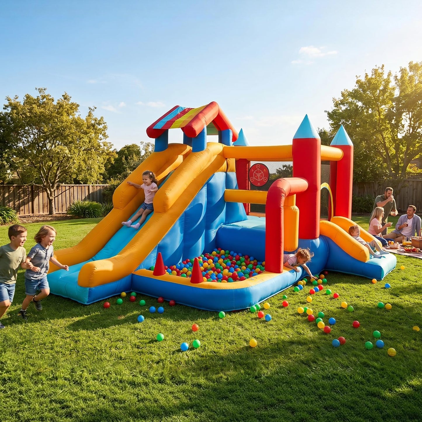 Bouncy Castle with Slide for Children: Inflatable Bounce House 9 in 1 - Kids Trampoline with Basketball Hoop & Climbing Wall, Indoor Outdoor Play Centre with Air Blower for Birthday Party Garden