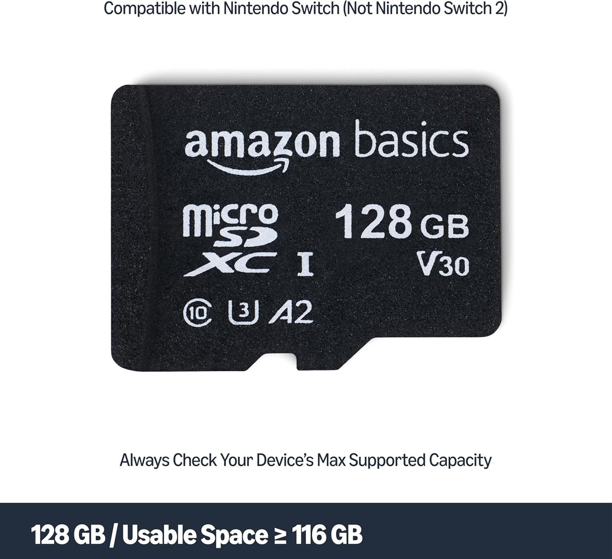 Amazon Basics microSDXC Memory Card with Full Size Adapter, A2, U3, Read Speed up to 100 MB/s, 128GB, Black