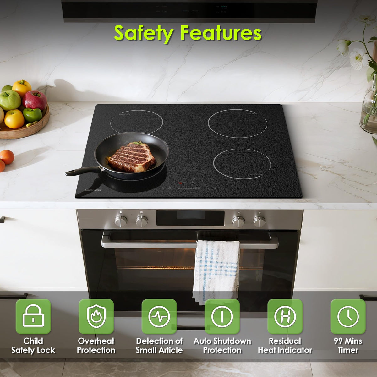 GlONlEN Plug-in Induction Hob 13 Amp 2800W,60cm Integrated Electric Cooktop with Bridge Zone, 4 Cooking Rings Cooker GIT470SP,Drop-in Ranges