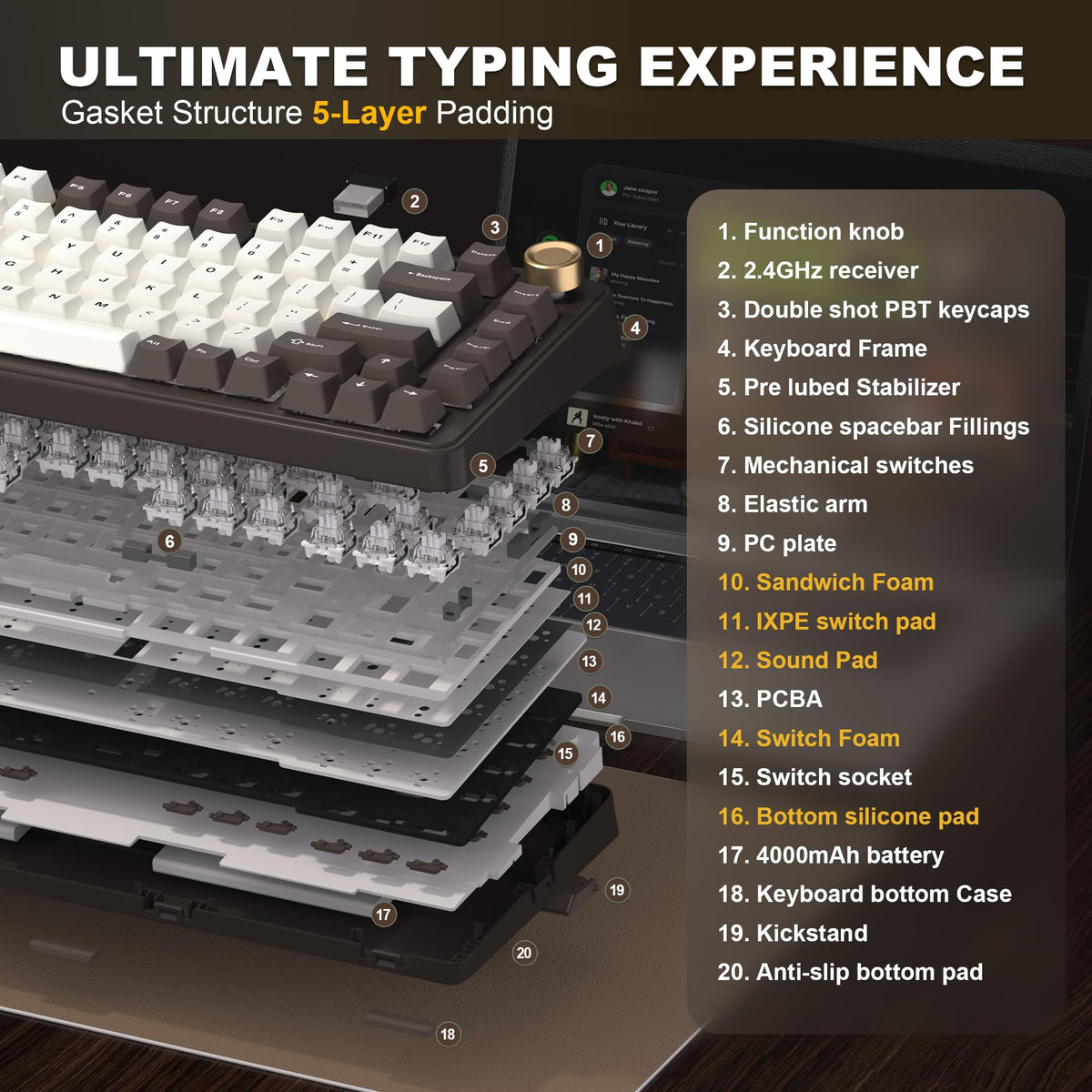 YUNZII B75 PRO 75% Wireless Mechanical Keyboard (Black Heart,Cocoa Switch)