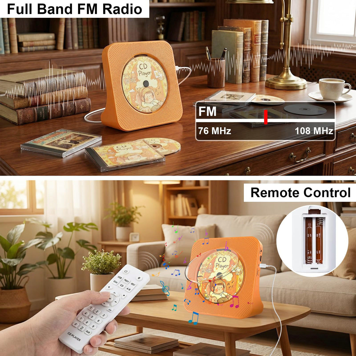 Portable CD Player with Bluetooth, Gueray Desktop CD Players for Home, Bulit-in Double HiFi Speakers, AUX&Headphone Jack, FM Radio Boombox with Remote Control, USB Port,LCD Display (Blue)