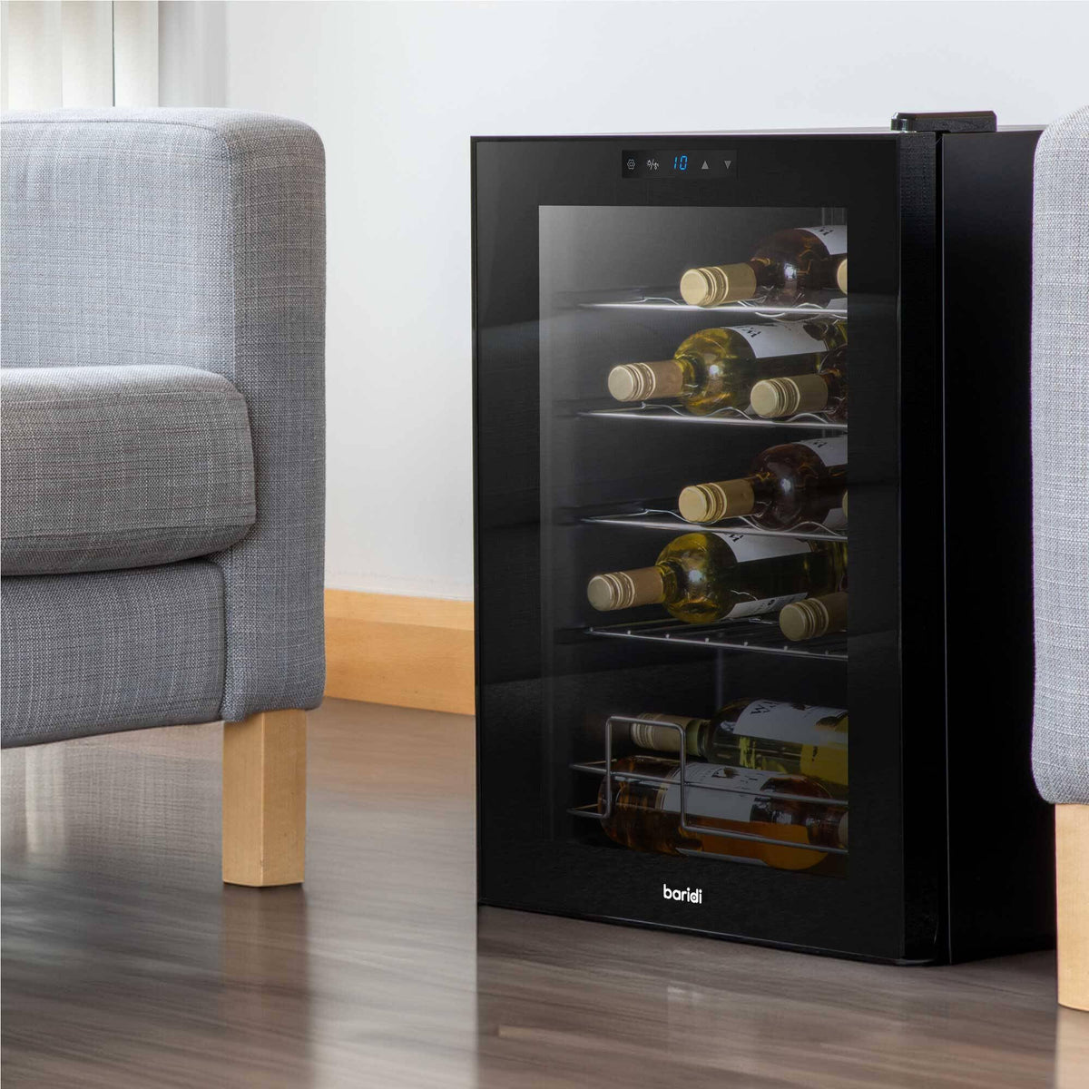 Dellonda Baridi 12 Bottle Wine Fridge with Digital Touch Screen Controls, Metal Shelves & LED Light, Black - DH73