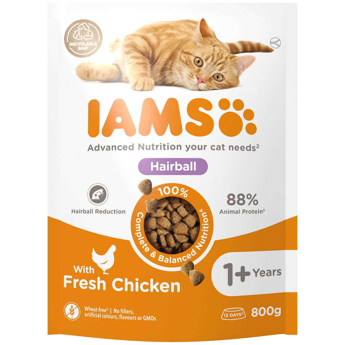 IAMS Hairball Complete Dry Cat Food Chicken 3kg - Significantly Reduces Hairball Formation