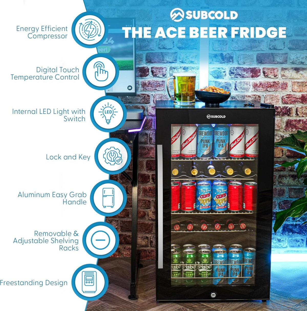 Subcold Ace90 LED Touch Control Beer Fridge With Glass Door | Premium Drinks & Wine Fridge | Black Alu Handle, Auto Defrost, Lockable | 91 Cans | Ideal for Home Bar Undercounter