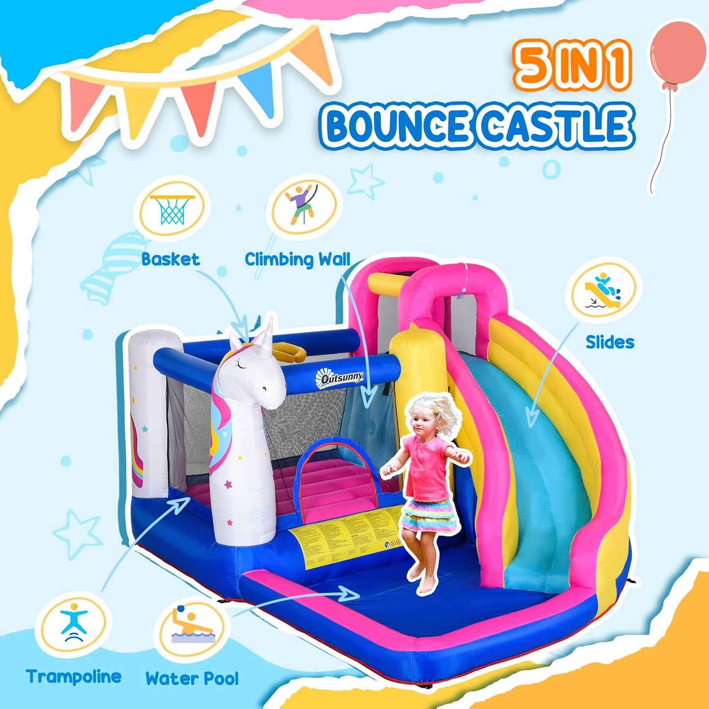 Outsunny 5-in-1 Unicorn Inflatable Bouncy Castle with Slide, Pool & Climbing Wall — Ages 3-8