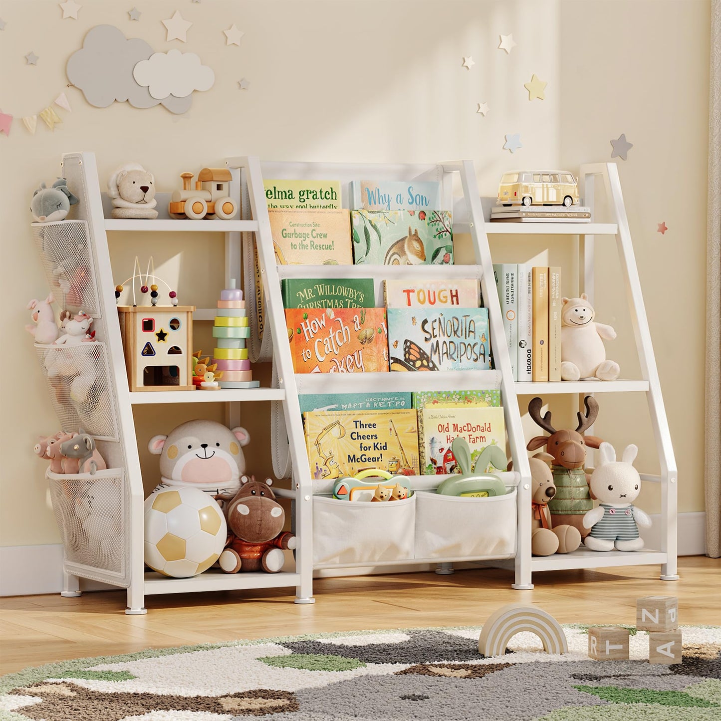 GoTiling Kids Bookshelf and Toy Storage Organizer: 3-Tier Sling Book Shelf with 3 Side Pockets for Kids Room - Toy Storage Organizer with 2 Fabric Drawers for Nursery, Bedroom, Playroom