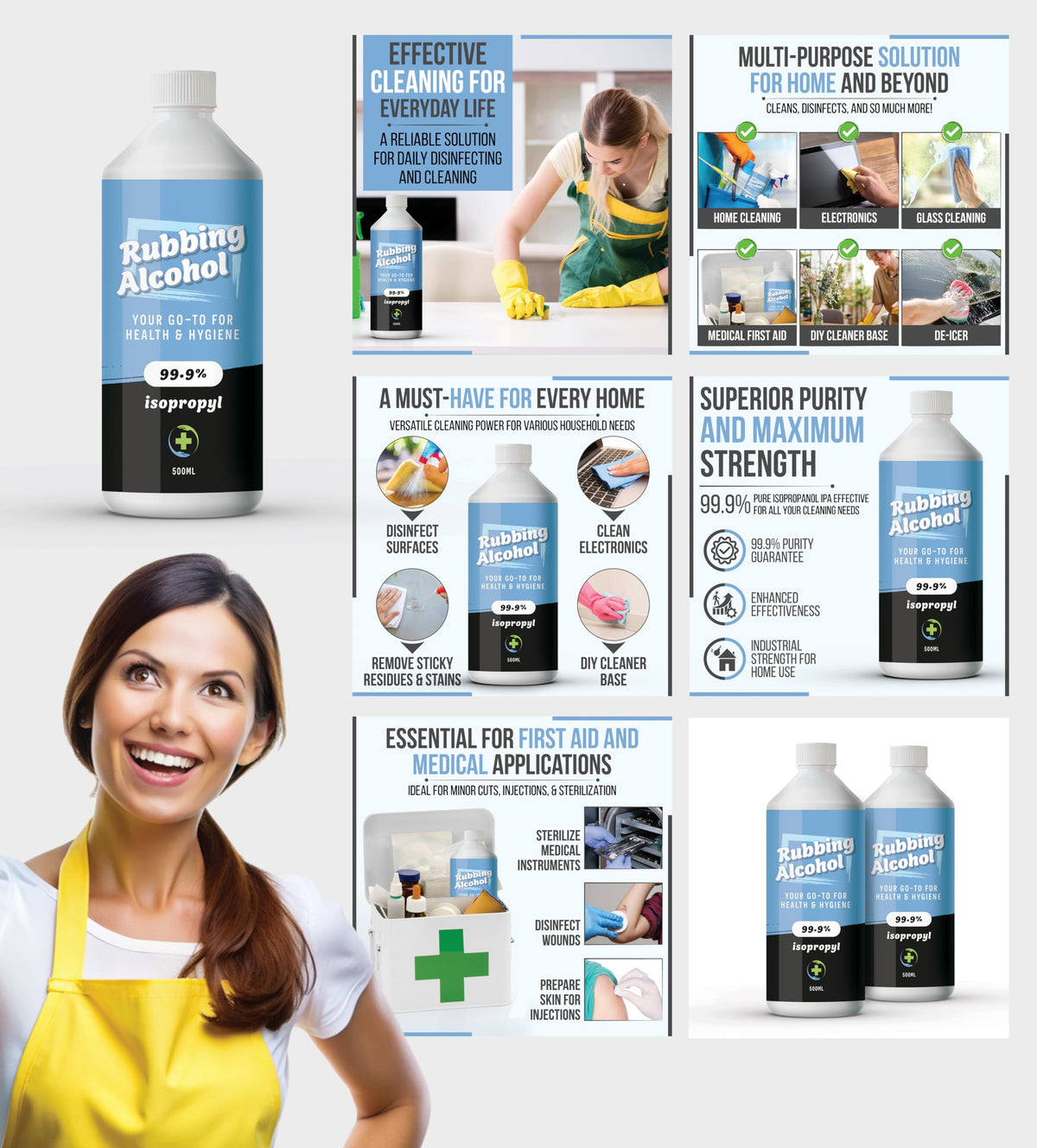 Rubbing Alcohol 1 Litre 99.9% Pure Isopropanol IPA for Cleaning, Disinfecting, Degreaser, Medical Use, Solvent for Electronics, Glass, De-icer, Painting