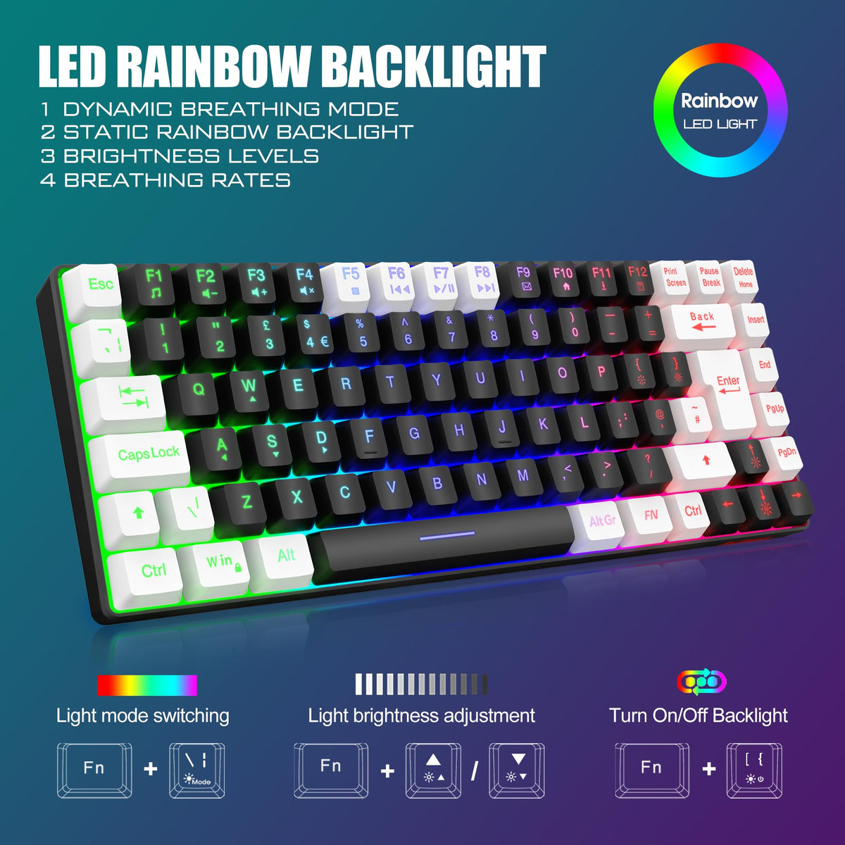 RedThunder K84 75% Wireless Gaming Keyboard and Mouse Rainbow Backlight UK Layout 85 Keys TKL Ultra Compact Mini Design Lightweight Honeycomb Gaming Mouse for PC Mac PS5 Xbox Office Gamers