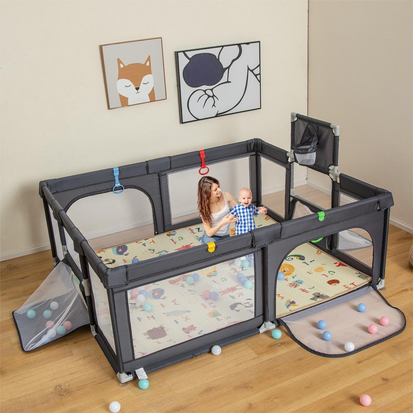 COSTWAY Baby Playpen, Toddler Mesh Play Pen with Mat, Pull Rings, Basketball Hoop, Football Nets, Ocean Balls, Indoor Outdoor Safety Playard for Babies and Toddlers (Light Gray, 207 x 142cm)
