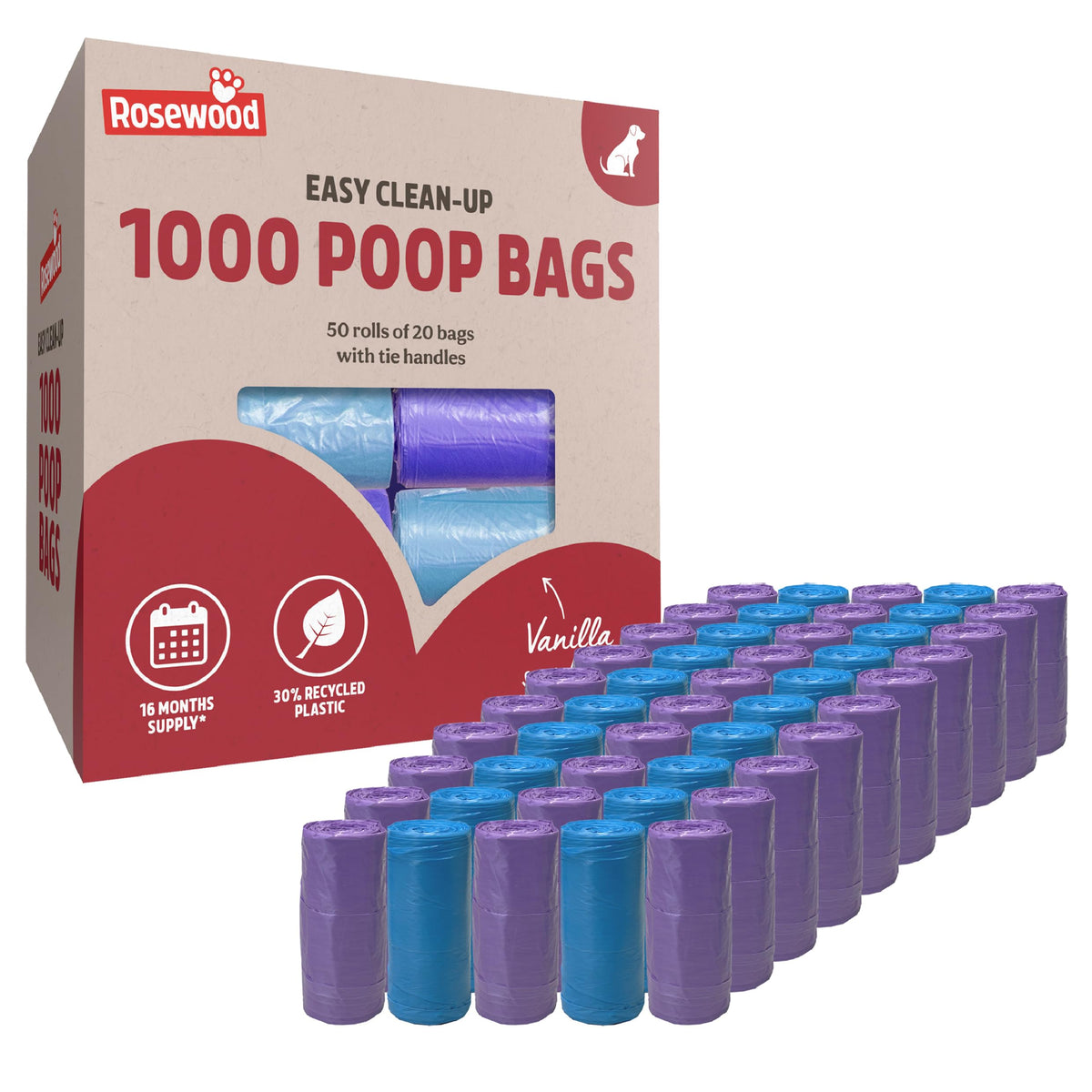Rosewood Dog Poo Bags with Handles - 100 Easy Clean-Up Poop Bags, Loose Packed Dog Waste Bags with Tie Handles, Lightly Scented, Black