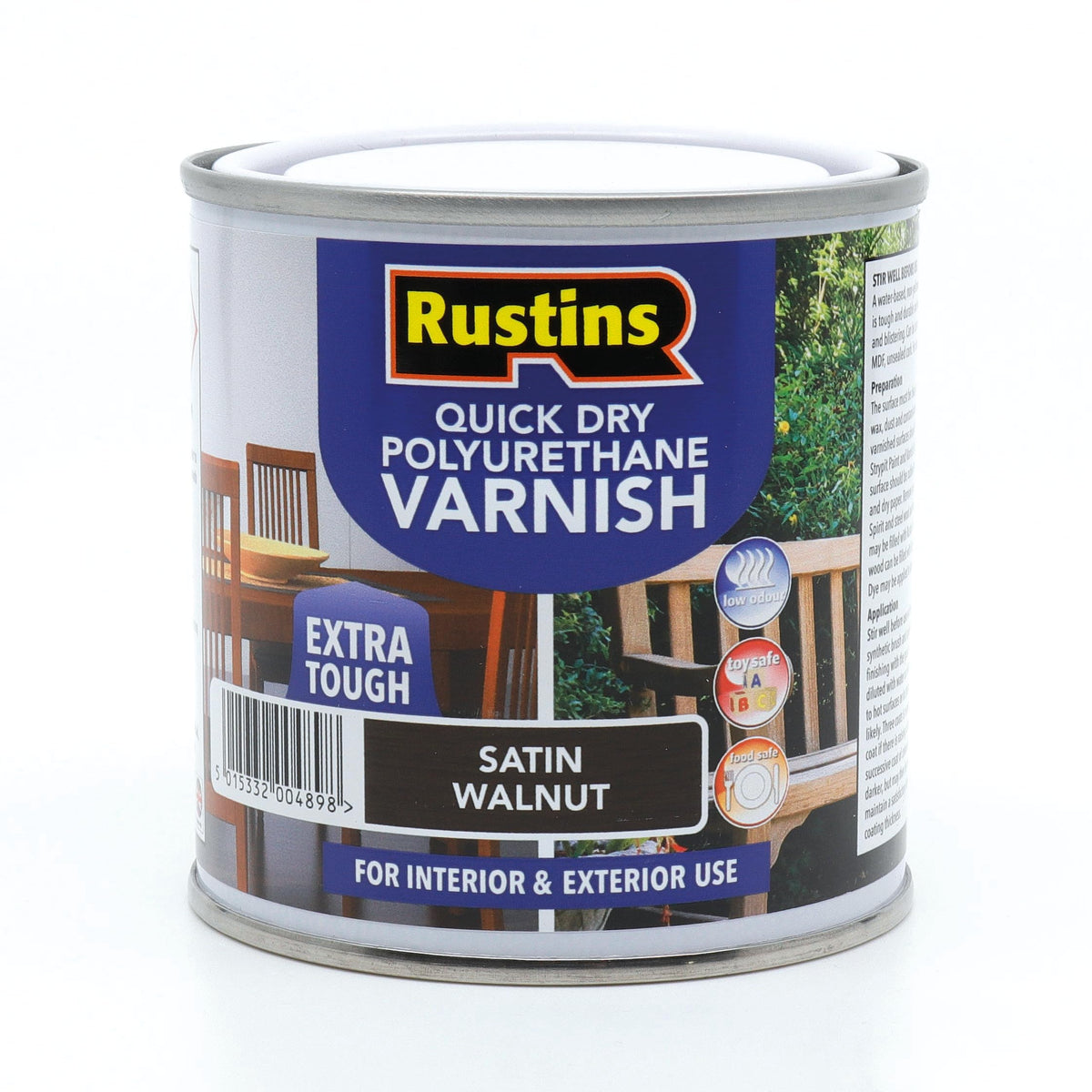 RustinsQuick Dry Poly Varnish Satin Clear 500ml -Tough, Water-Based Clear Finish in Gloss, Matt or Satin; Durable Protection for Interior Wood, Furniture and Floors