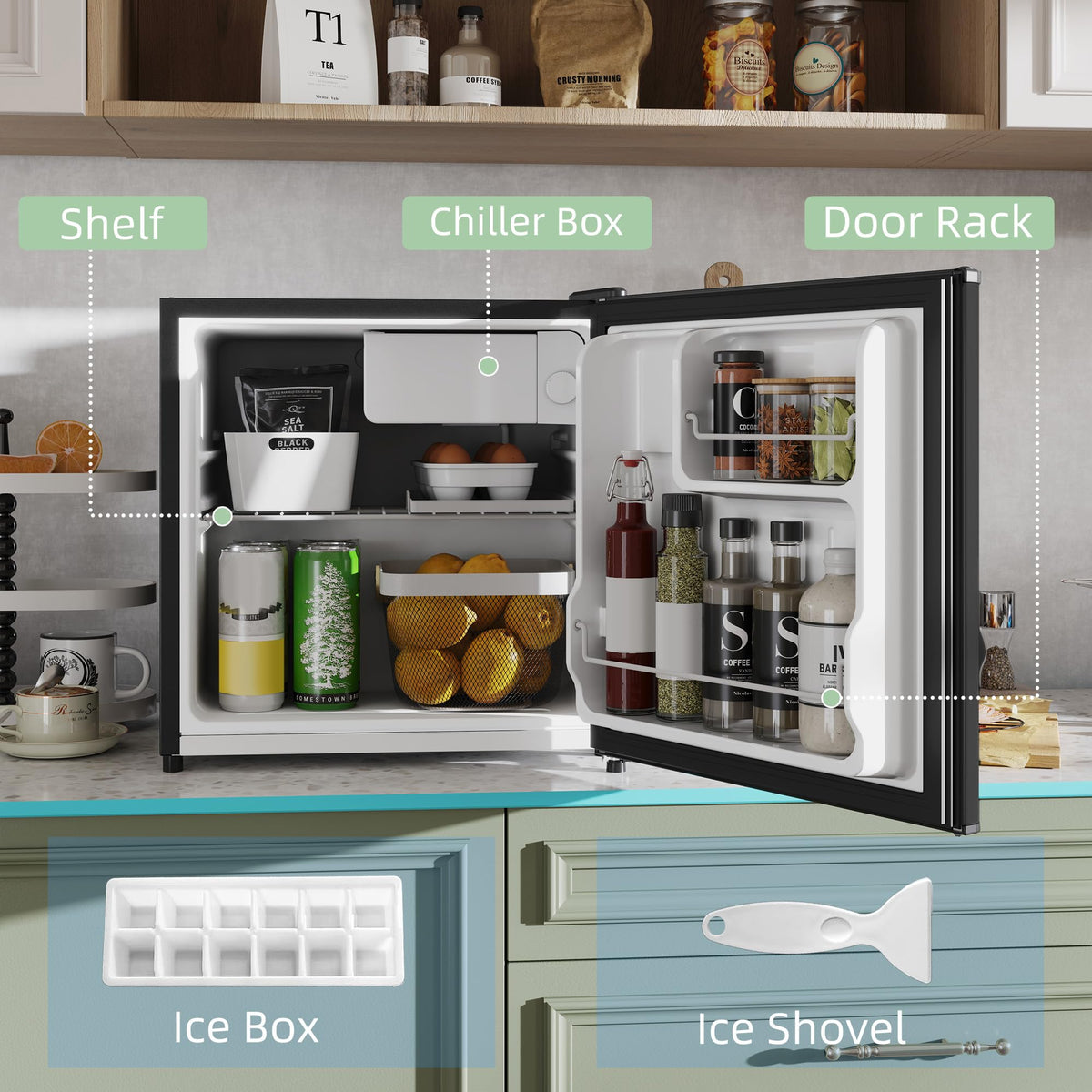 HOMCOM 46L Table Top Mini Fridge with Ice Box, Reversible Door, Cream