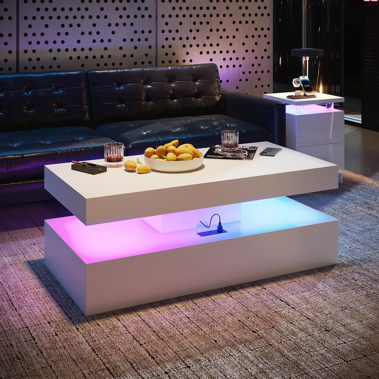 Modern Coffee Table with LED Lights, 2 Drawer Storage, Wooden Coffee Table with Charging Station, USB Ports & Power Outlet, Rectangle Coffee End Table for Home, Office & Living Room - Black