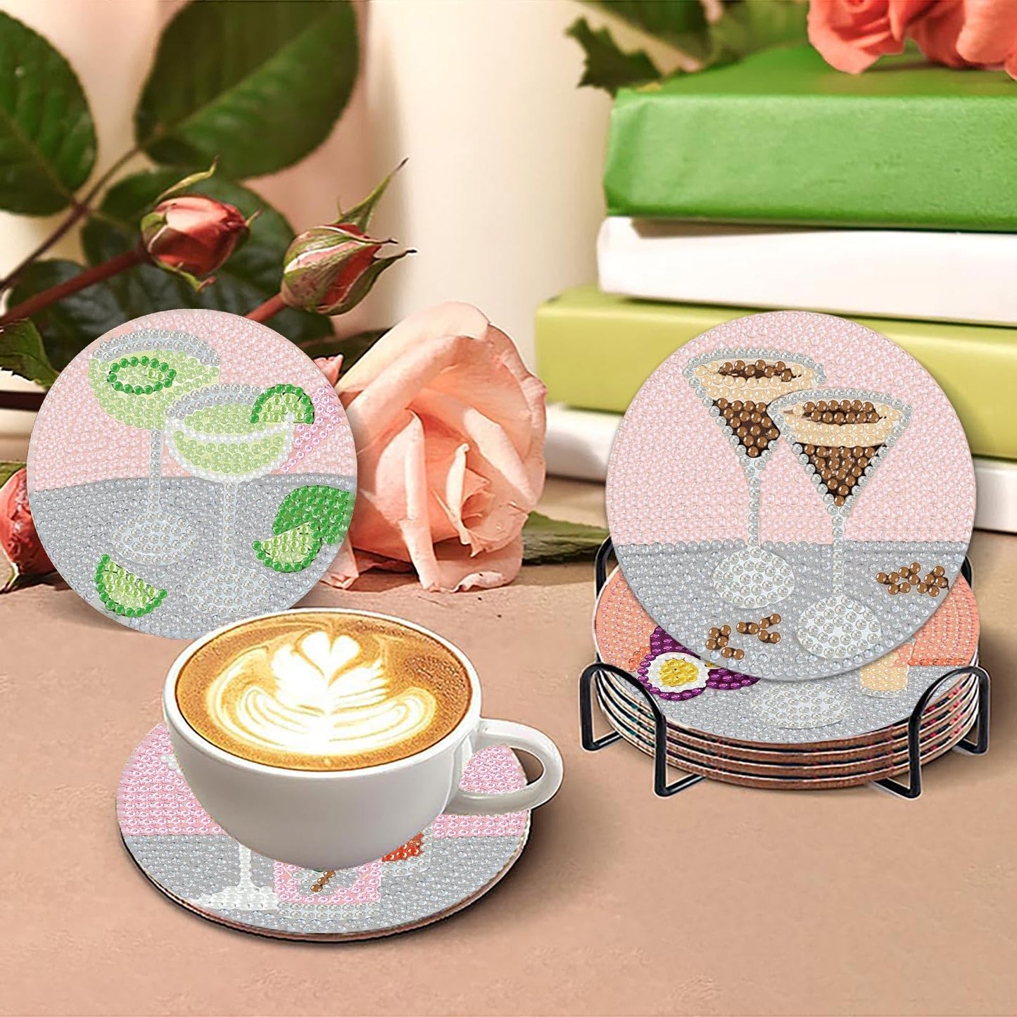 8Pcs Diamond Painting Coasters with Holder,DIY Cocktail Life Coaster Diamond Art Kits for Adults Kids,Beginners Round Full Drill Diamonds Art Craft Supplies