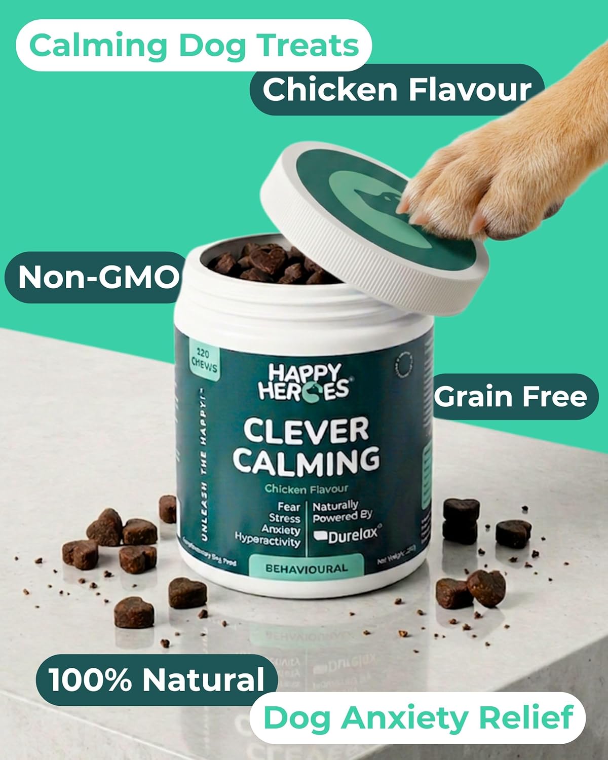Clever Calming Dog Treats, 100% Natural Supplement, Behavioural Health, Reduces Stress, Fear, Hyperactivity, Aggression, Dog Anxiety Relief & Relaxation, 120 Grain Free Dog Treats
