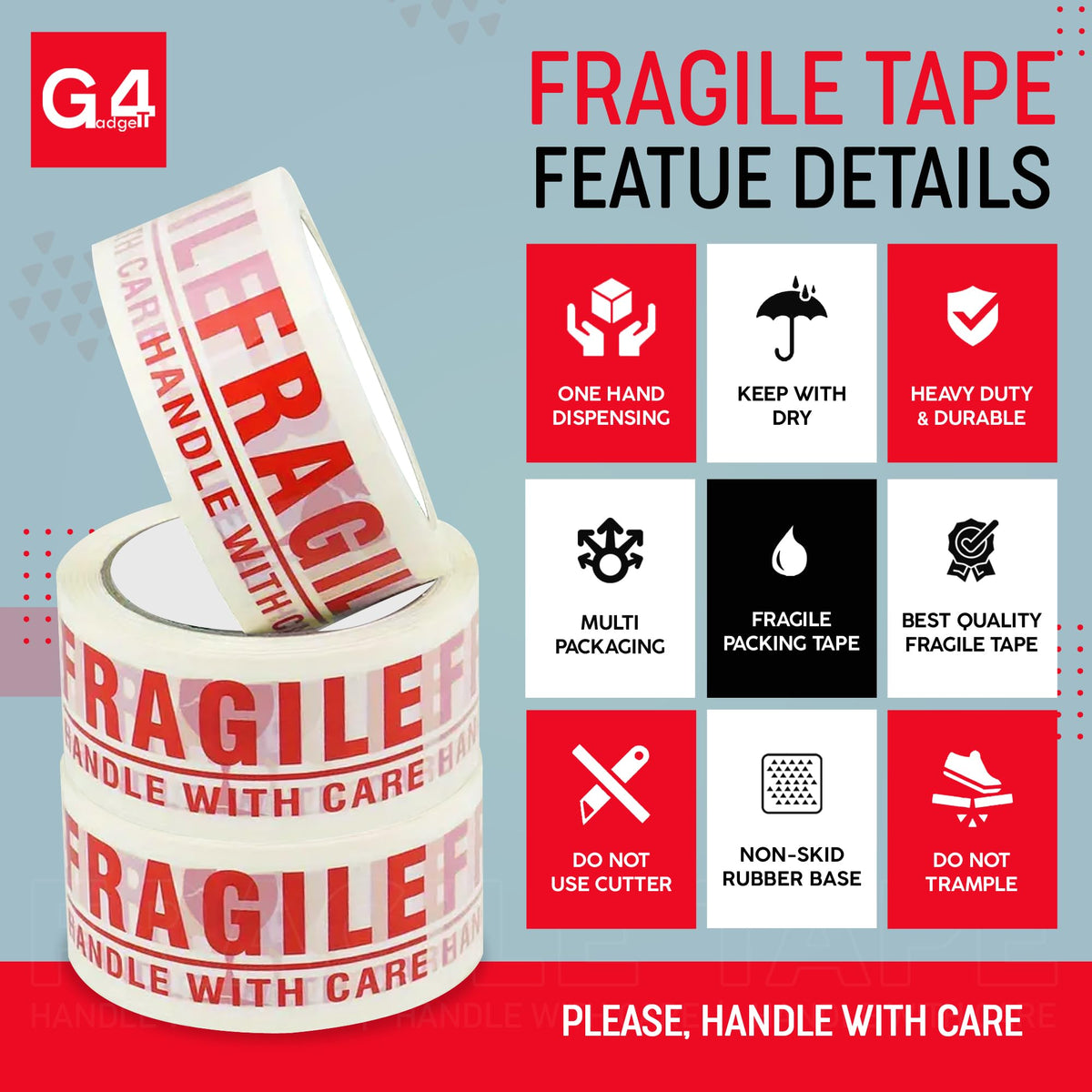 G4GADGET Pack of 3 Clear Packing Tape - Heavy Duty Transparent Tape 48mm x 66m - Ideal for Moving, Packing Boxes, and Secure Packaging