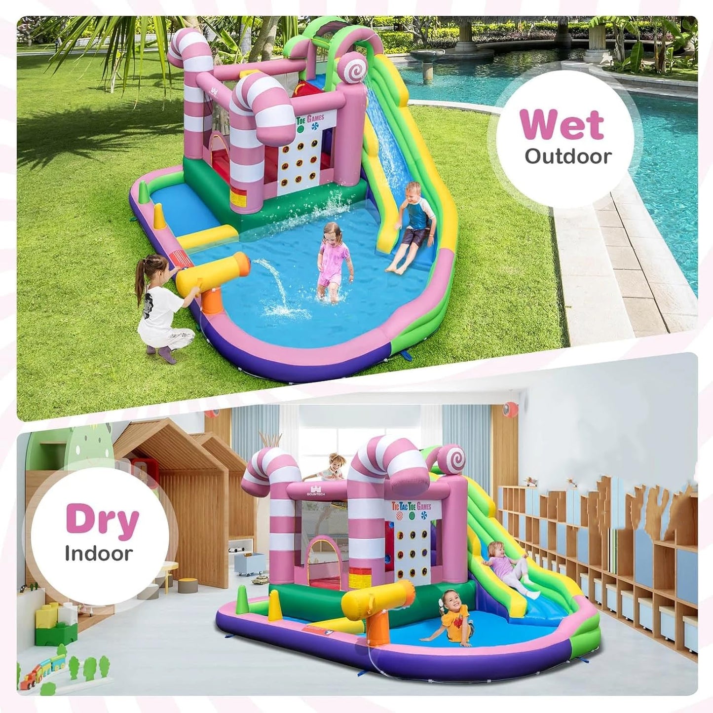 COSTWAY Kids Inflatable Water Park with Slide, Climbing Wall, Water Cannon, Splashing Pool, Blow up Bouncy Castle House for Summer Outdoor Play (with 50 Ocean Balls)