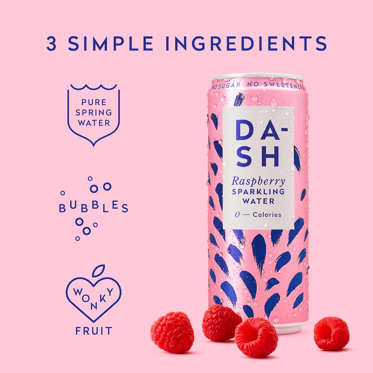 DASH Water Raspberry - 12 x Raspberry Flavoured Sparkling Spring Water - NO Sugar, NO Sweetener, NO Calories - Infused with Wonky Fruit (12 x 330ml cans)