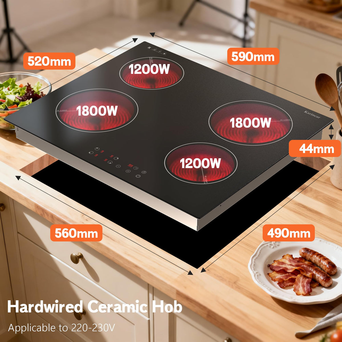 Karinear Electric Ceramic Hob 60cm 4 Zones with Built-in Extractor Hood