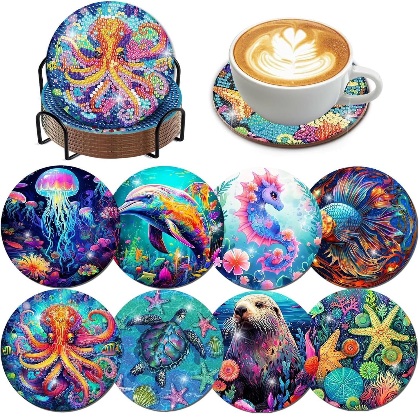 8 Pcs Flowers Diamond Art Coasters Kits for Adults Begainners,Full Drill Diamond Painting Coasters Kit with Holder,DIY Gem Painting Craft Kits for Adults Supplies Gift (Flowers).