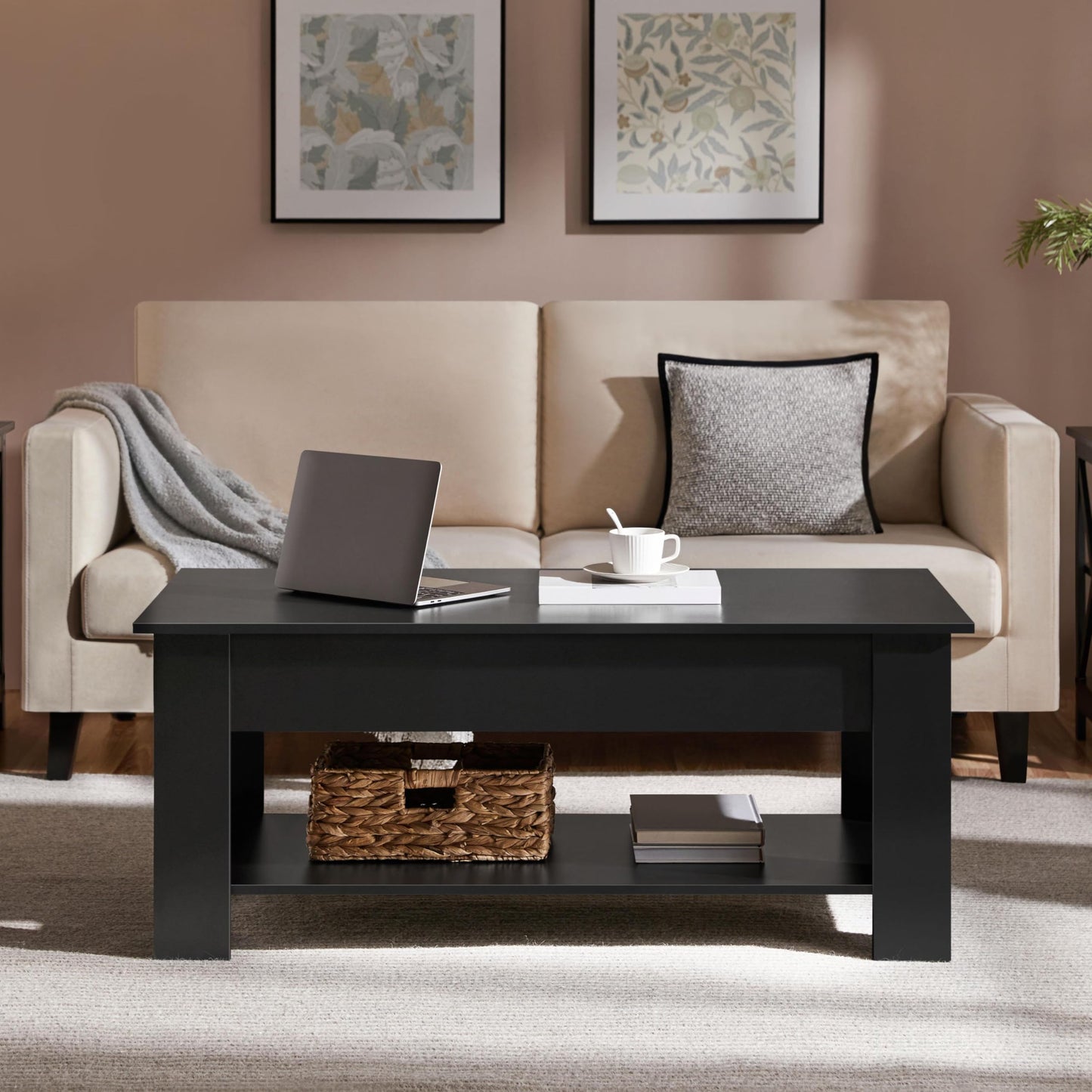 Yaheetech Lift Up Coffee Table, Wooden Lifting Coffee Table with Hidden Storage Drawer and Open Shelf, Space-saving Tea Tables for Living Room/Reception, Espresso